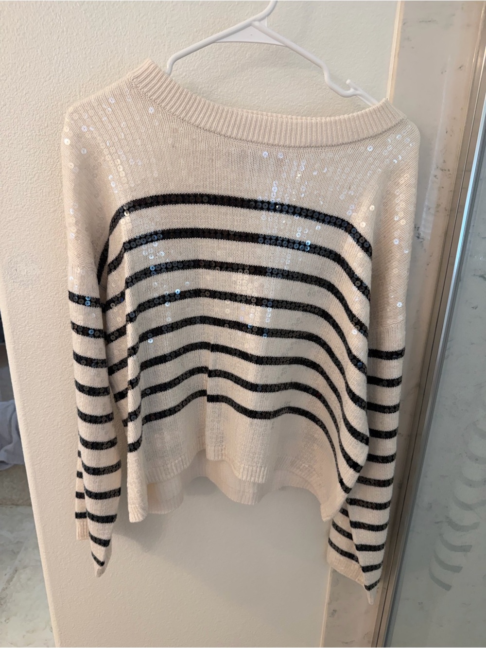 LOFT Sequin Stripe Scoopneck Sweater in Ivory and Black